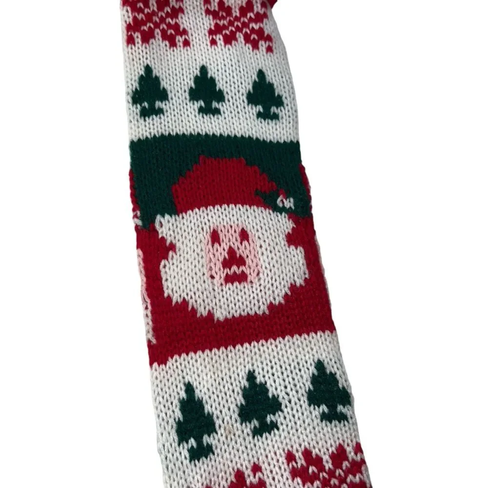 Vintage Knit Santa Claus Stocking Pom Pom Skinny Long Red Green Nostalgia Argyle